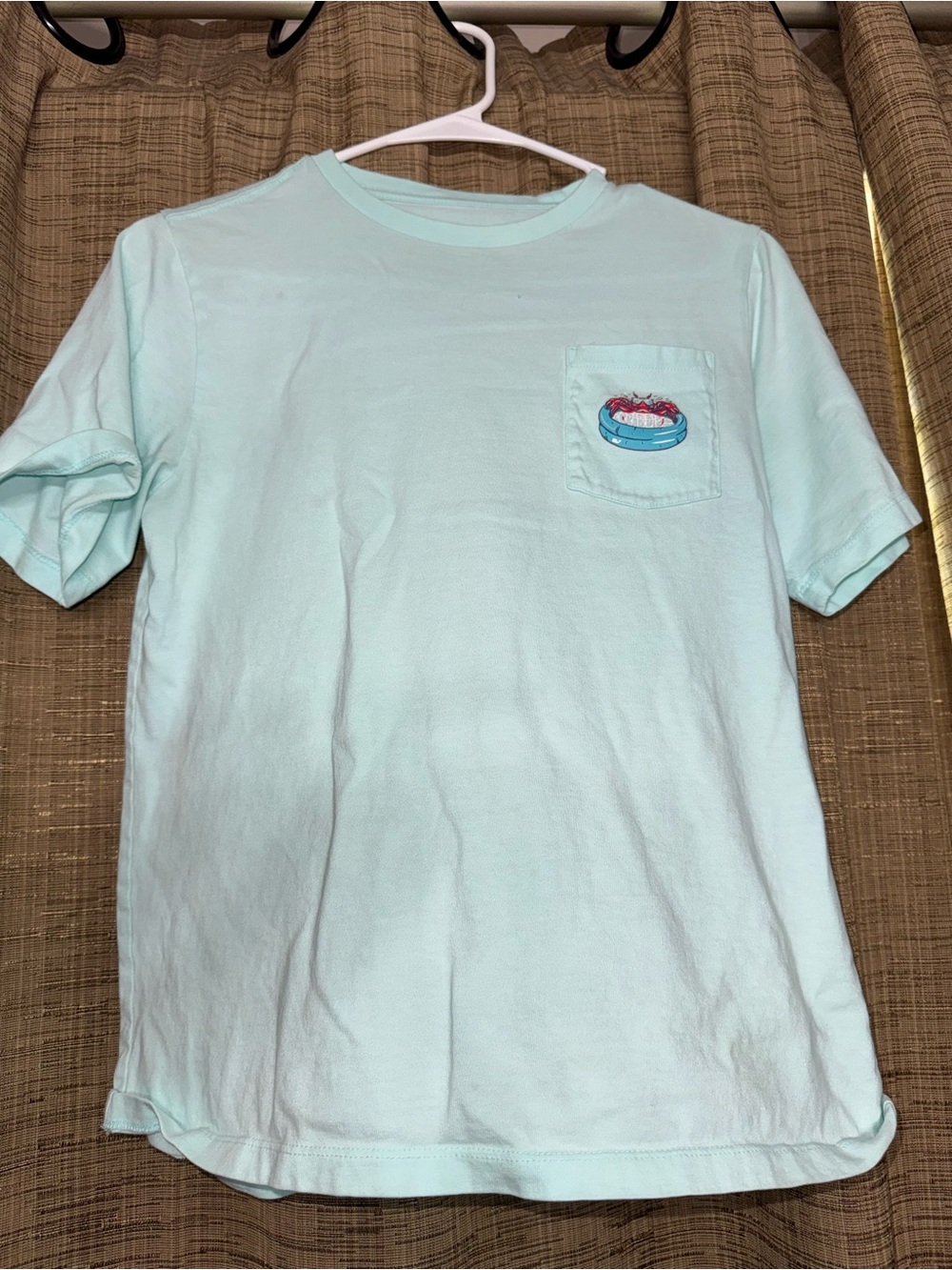 Vineyard Vines Kids Short Sleeve Tee in light teal with crab in pool “crab dip”.